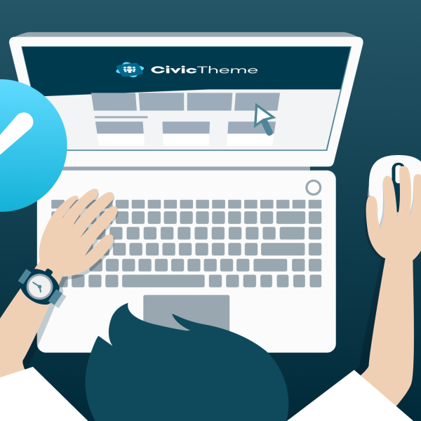 Illustrated computer screen with a person sitting at a laptop viewed from above